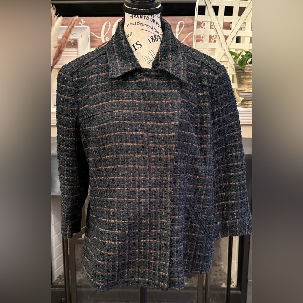 Coldwater Creek Asymmetrical Wool Tweed Blazer Green Gold Pointed Collar Size 16